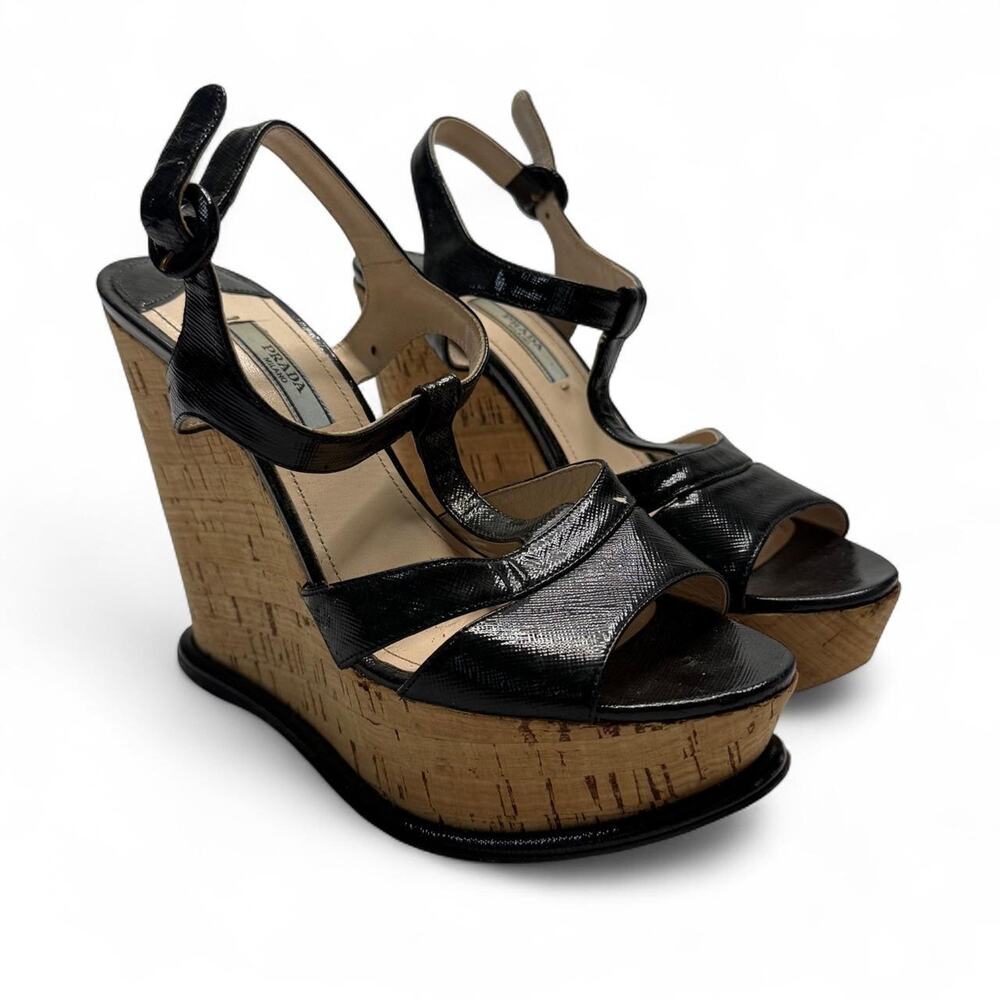 Prada Y2K Black Leather Wedge Sandals with Cork Sole size 38 1/2